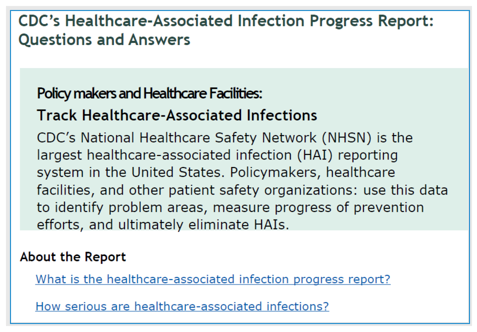 An edited version of the previous example webpage about the National Healthcare Safety Network. It now contains a colored text box with heading, containing a main message and call to action before any of the questions or navigation links.